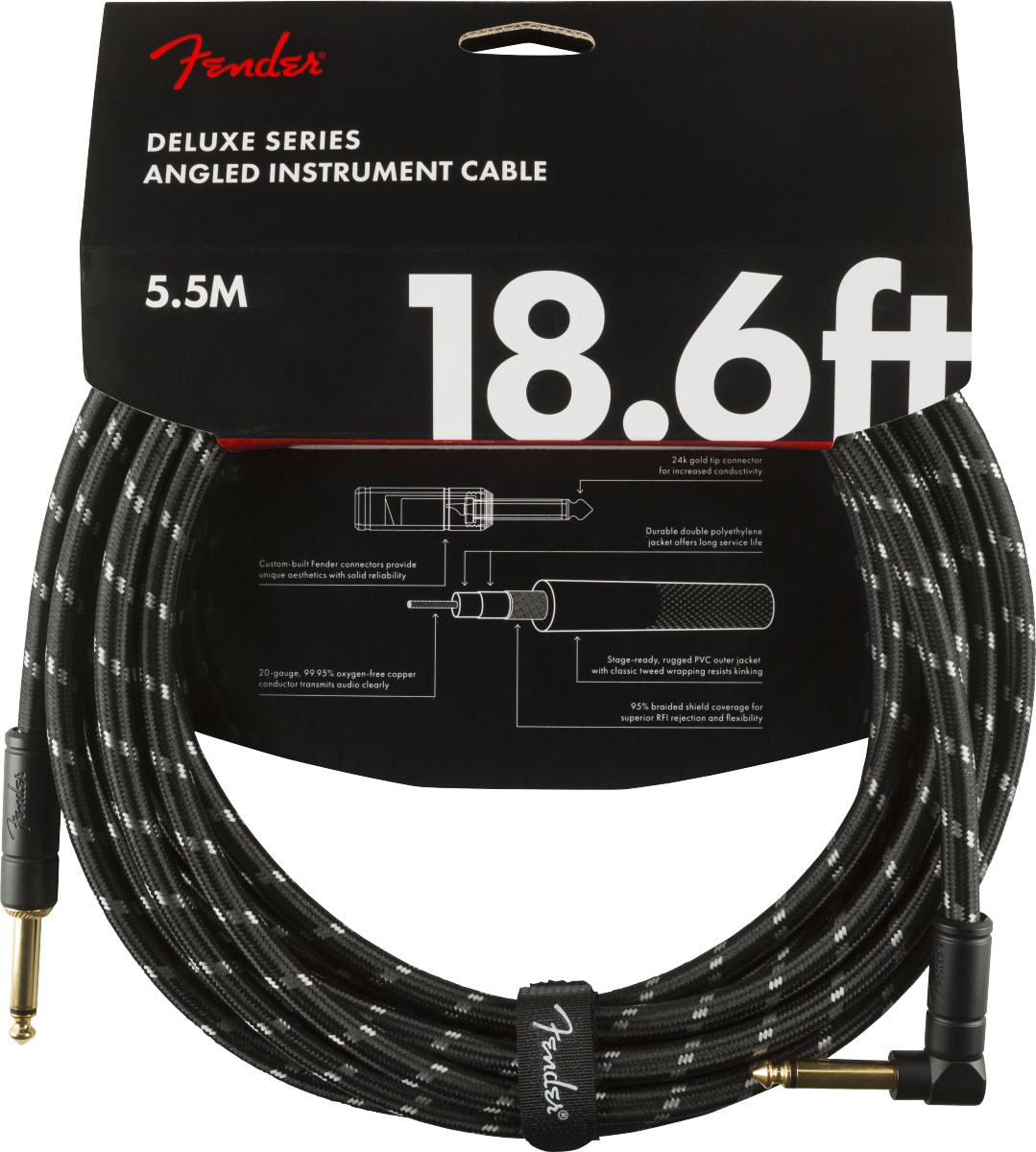 Fender - Deluxe Series Instrument Cable, Straight/Angle, 18.6', Black Tweed