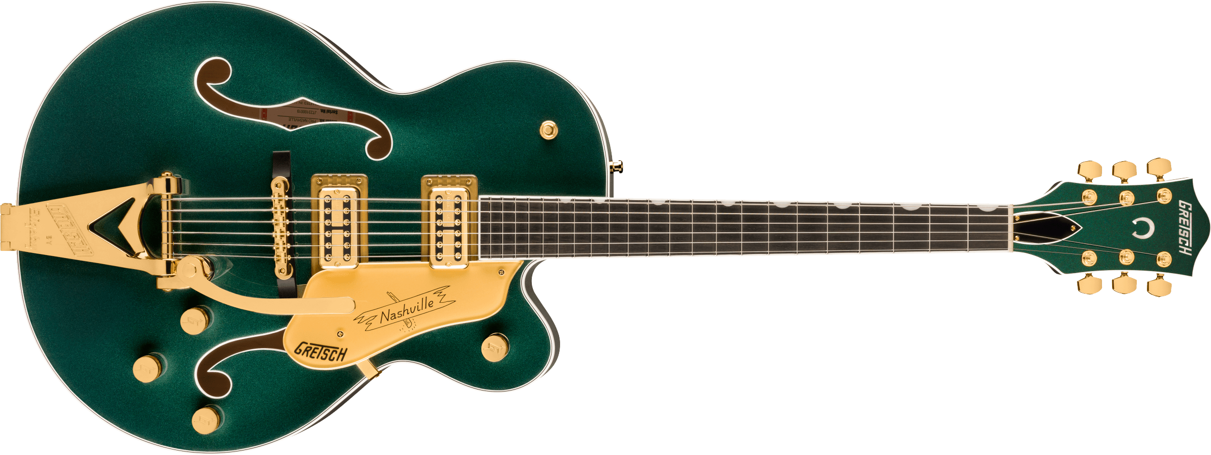 Gretsch Nashville® Hollow Body electric guitar with a Cadillac Green finish, gold hardware, String-Thru Bigsby®, ebony fingerboard, and dual f-holes.