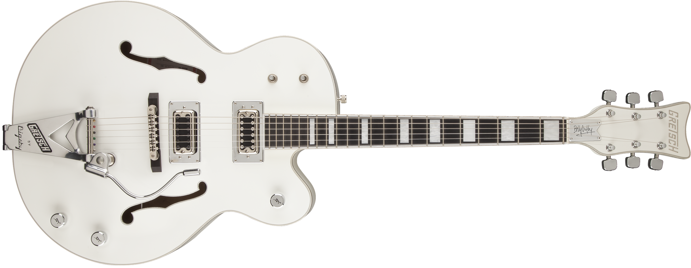 White Gretsch Billy Duffy Signature Falcon™ electric guitar with hollow body, Bigsby® tremolo, humbucker pickups, and ebony fingerboard.