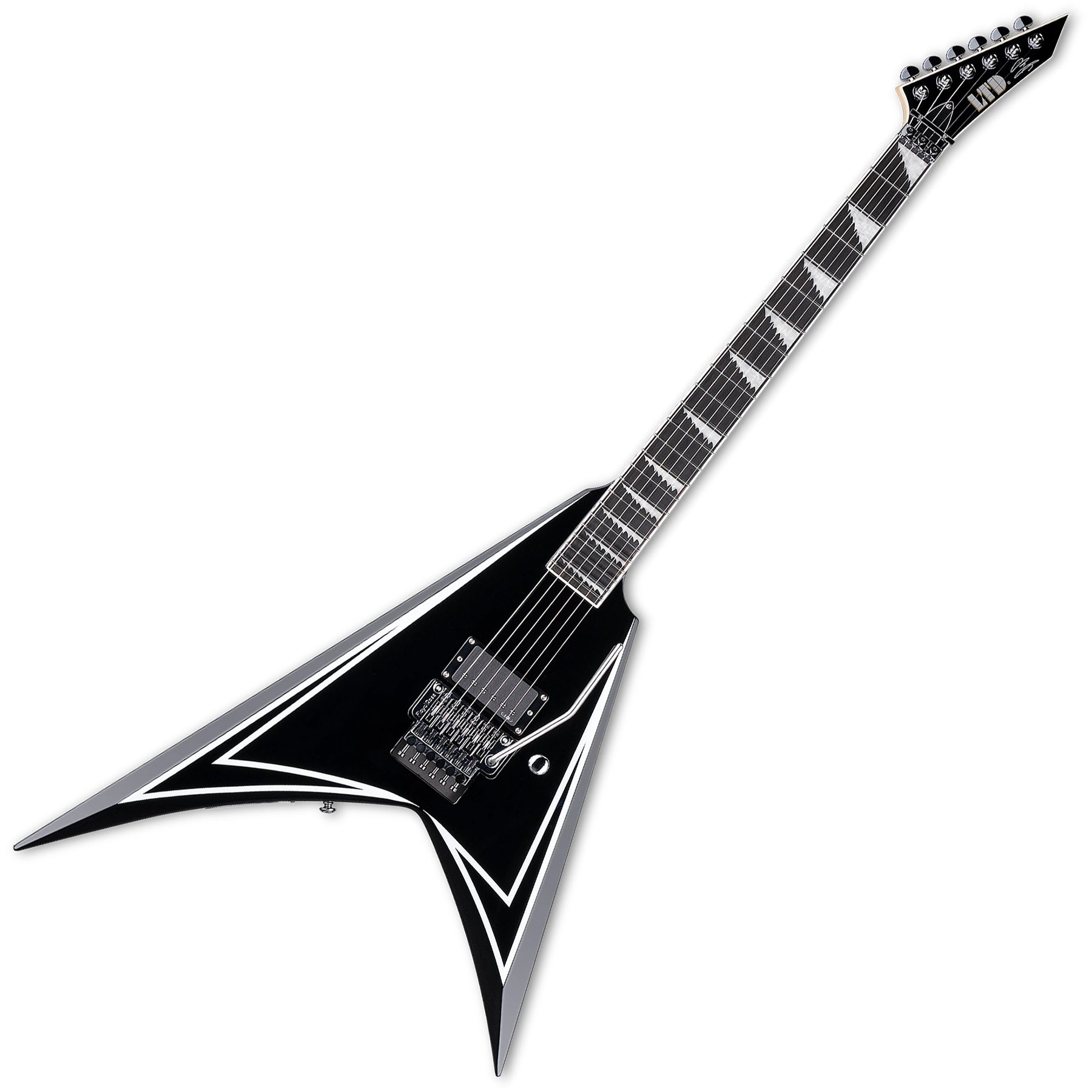 ESP Guitars LALEXISAWTOOTHSE Alexi Laiho Signature 6 String RH Electric Guitar with Case - Black with White Pinstripe
