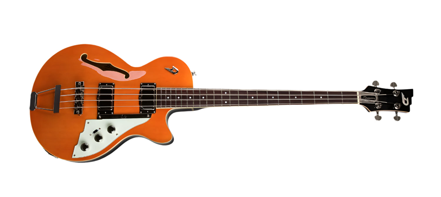 "Duesenberg Starplayer Bass, semi-hollow body, Bassbucker pickups, vintage orange finish, short-scale neck.