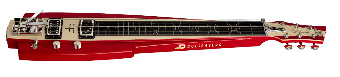Duesenberg Alliance Series Paul Franklin lapsteel guitar, red translucent finish, Multibender, and premium pickups.