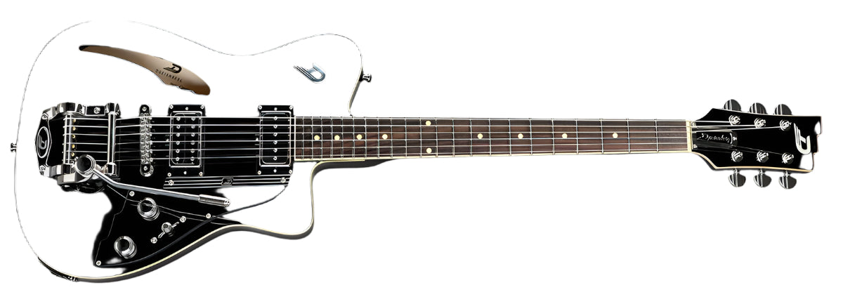 Duesenberg Caribou guitar in sleek black finish, featuring a distinctive chambered body, elegant hardware, and signature Duesenberg craftsmanship.