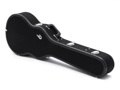A sleek Duesenberg Custom Line guitar case in black, featuring a durable hard shell design with rounded edges to protect the instrument. The case includes sturdy metal latches, a carrying handle, and the iconic silver Duesenberg logo, symbolizing premium quality and craftsmanship.