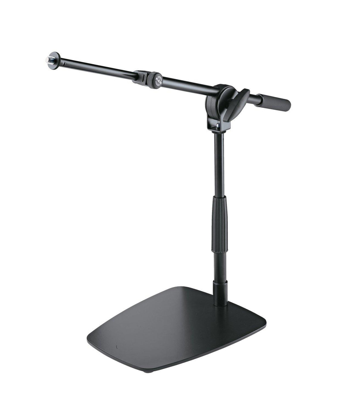 K&M 25993-BLACK — Low-Level Flat Base Mic Stand with Short Telescopic Boom Arm — product view