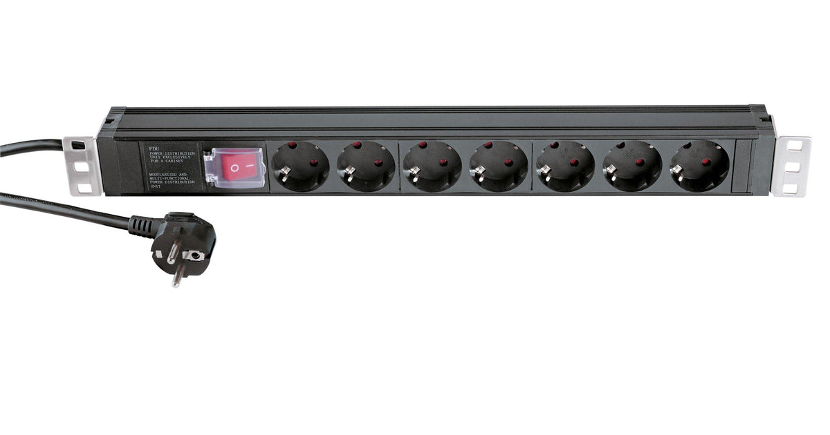 K&M 28674-BLACK — 1U 3500W Power Box with 7 Front Sockets - Black — product view