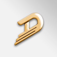 Golden Duesenberg 'D' logo emblem with two horizontal lines extending from its lower curve, displayed on a gradient background of light grey to white. The sleek, metallic finish of the logo highlights elegance, modernity, and premium craftsmanship.