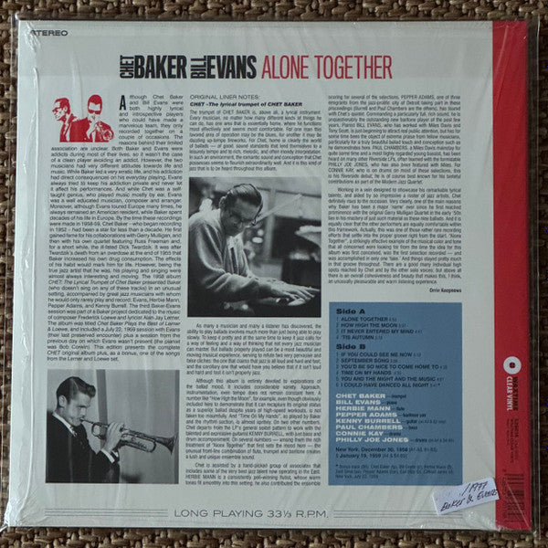 Baker, Chet & Bill Evans - Alone Together (180g-clear vinyl)