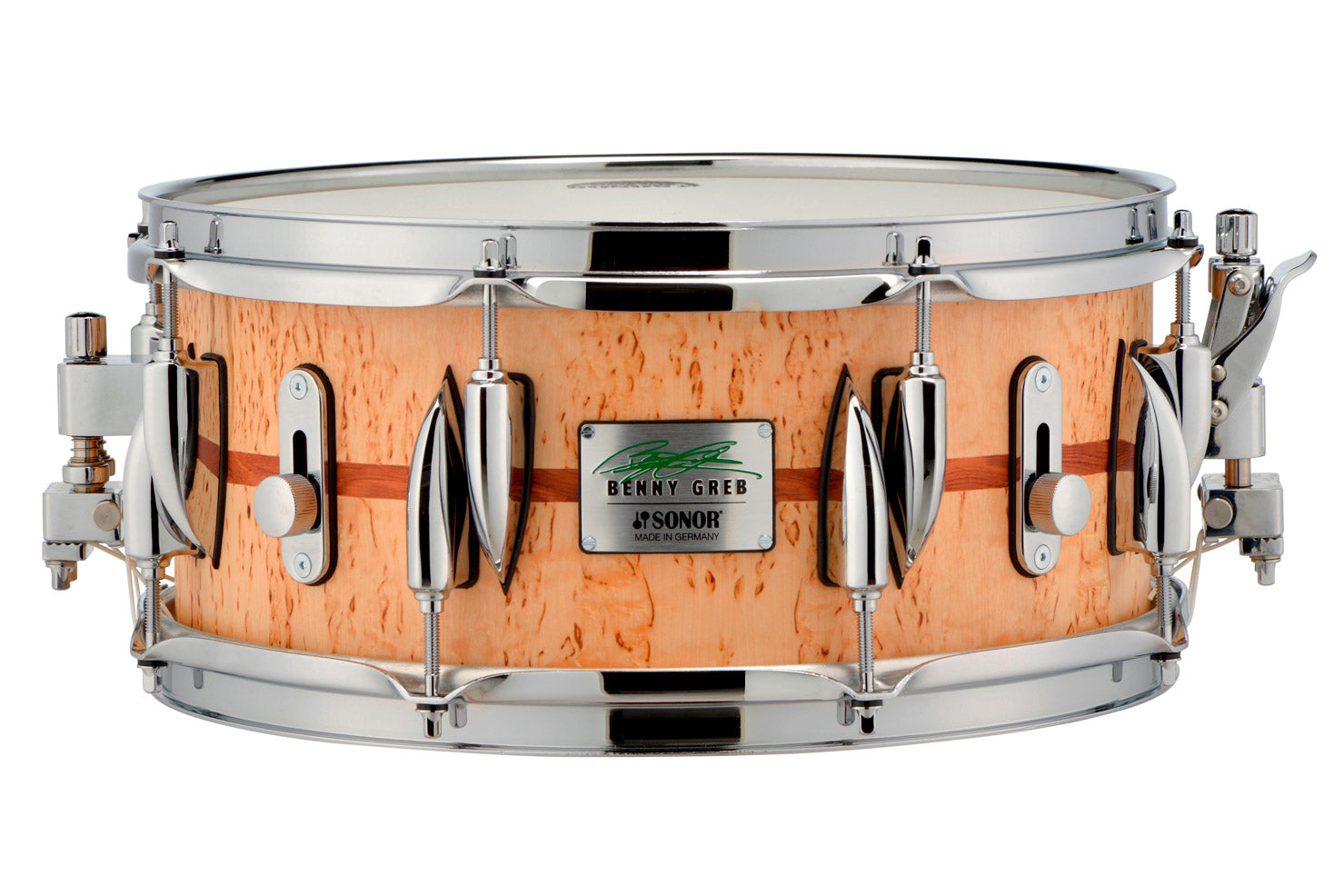 Sonor-BG = Benny Greb, Scandinavian Birch, semi gloss. Internal Dampening System (2), incl. Soft and hard dampening material (one ea.). Centered 'Bubinga' Veneer Inlay, Beech Shell, 9 plies, 5mm