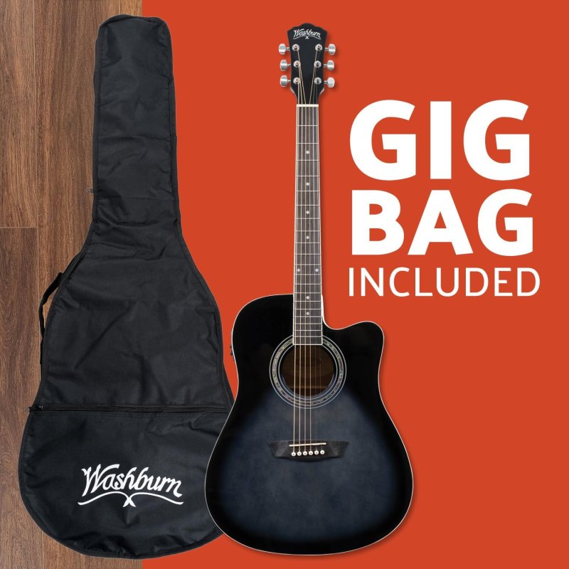 Washburn - Okoume Body Dreadnought Acoustic / Electric Guitar Pack With Built-In Tuner, Transparent Black Burst