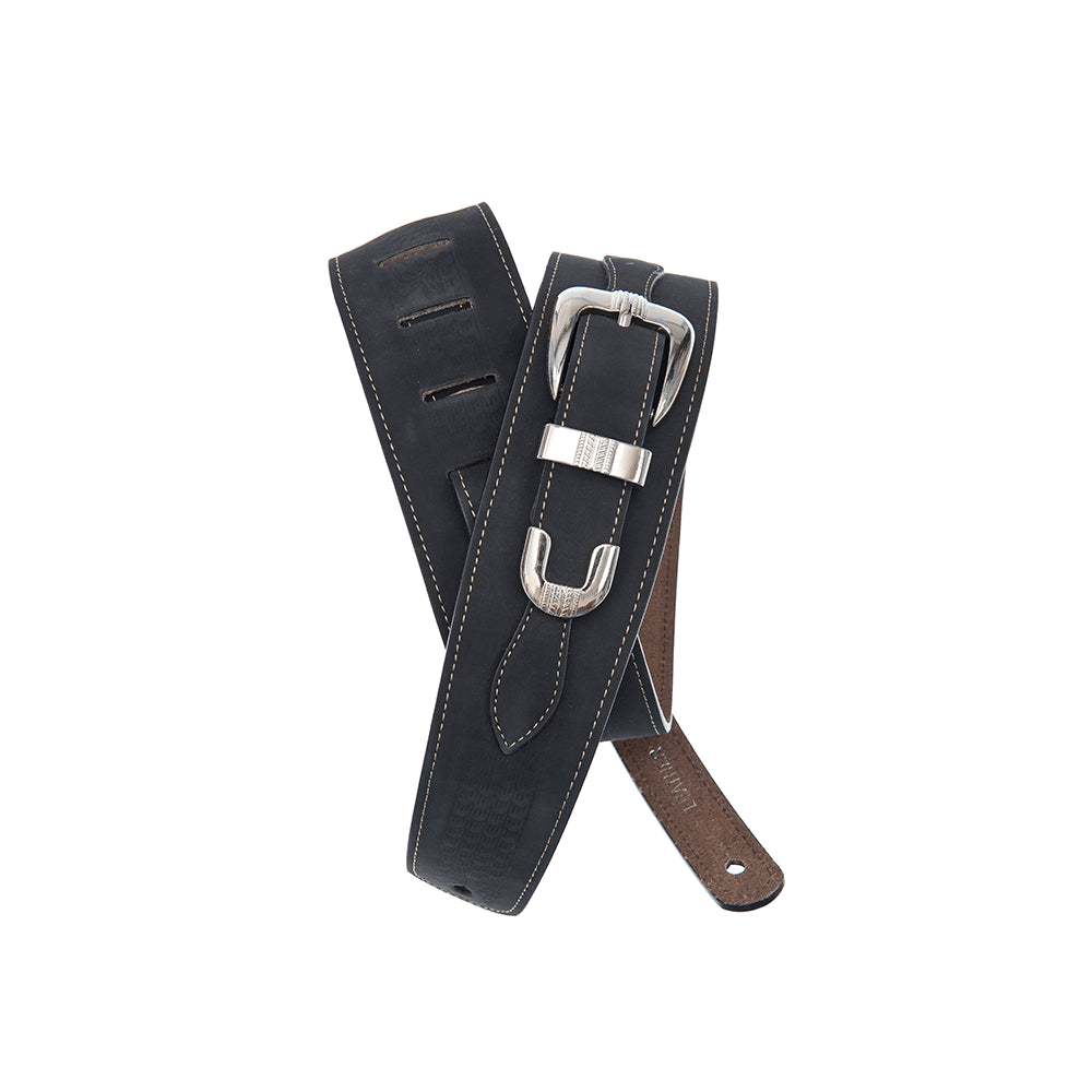 D'addario - DELUXE LEATHER GUITAR STRAP Buckle, Black with Stitch