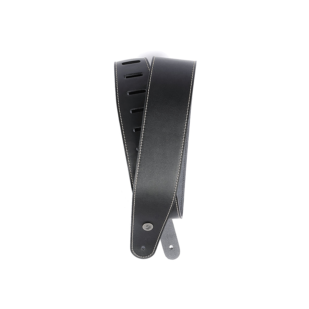 D'Addario- DELUXE LEATHER GUITAR STRAP Black with Contrast Stitch
