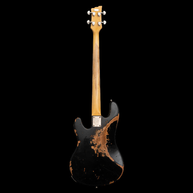 Duesenberg Chris Chaney Signature Bass - Black Distress – angled view of distressed finish