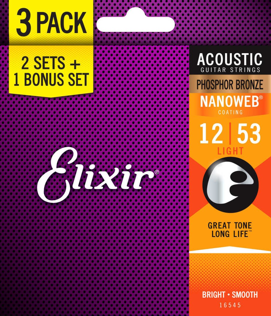Elixir - Nanoweb Phosphor Bronze 12/53 - 3 Pack (2 Sets + 1 bonus set) - La Boîte Musicale - Electric Guitar Strings - Elixir -