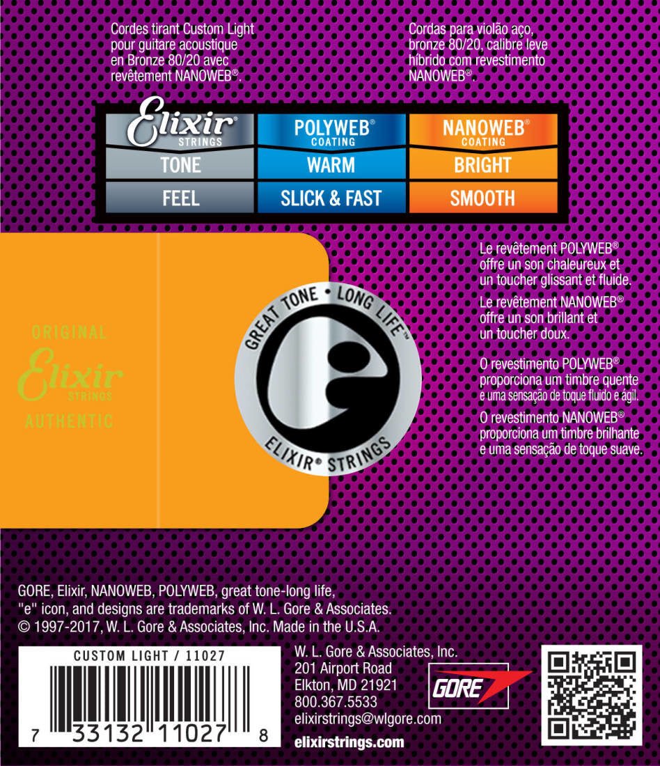 Elixir strings acoust 80/20 Nano Custom 11 - 52 - La Boîte Musicale - Acoustic Guitar Strings - Elixir -
