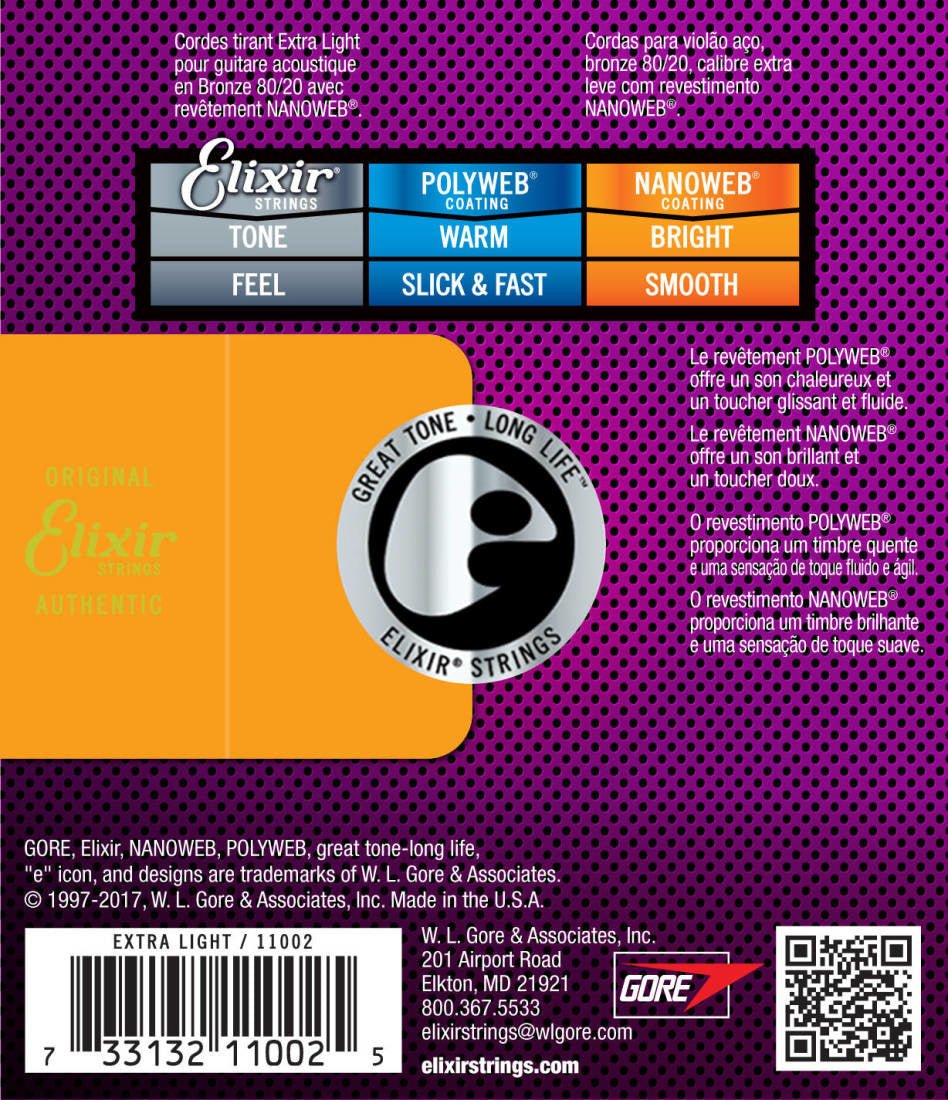 Elixir strings acoust 80/20 Nano Extra Light 10 - 47 - La Boîte Musicale - Acoustic Guitar Strings - Elixir -