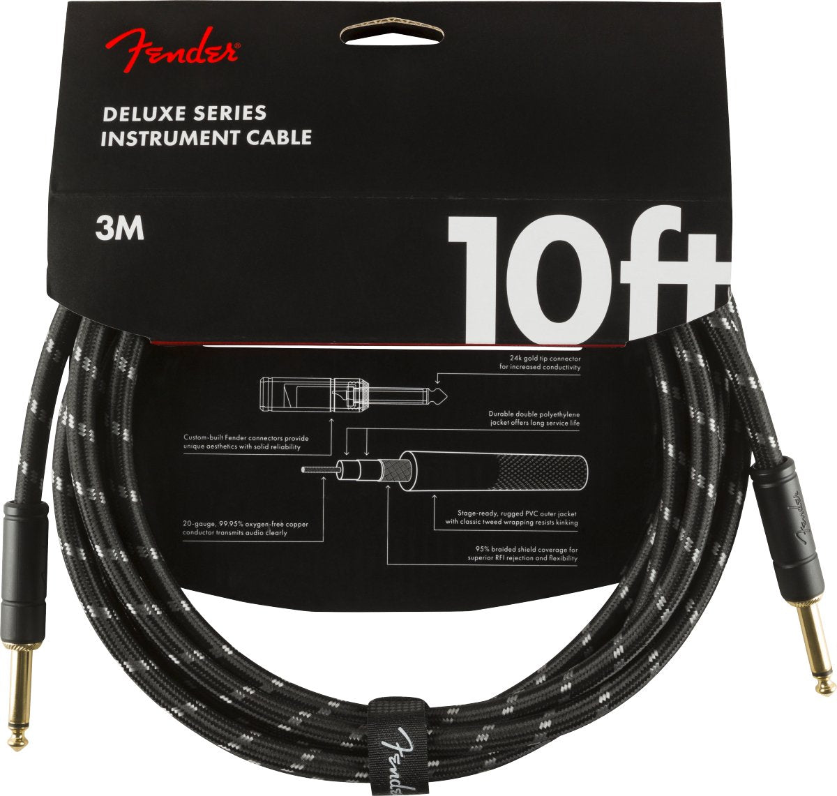 Fender - Deluxe Series Instrument Cable - Straight/Straight - 10' - Black Tweed - La Boîte Musicale - La Boîte Musicale -