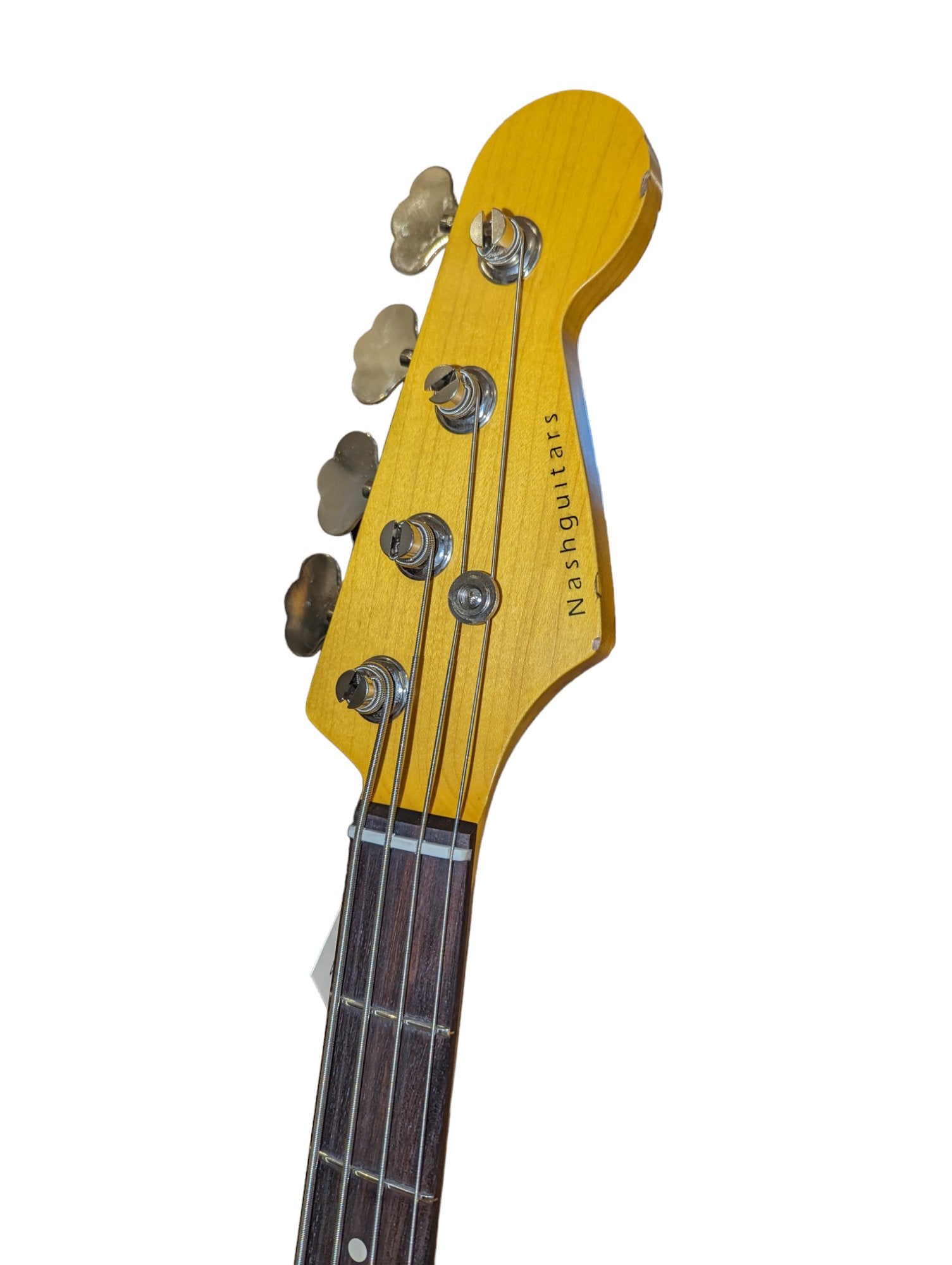 Close-up of a Nash bass guitar headstock made of natural wood with four metallic tuning pegs & Nash gitar logo.