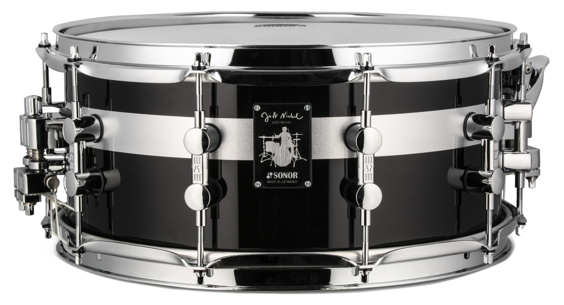 Sonor-JN = Jost Nickel, Piano Black with Silver Sparkle Stripe in high gloss, Beech Shell, 11plies, 9mm