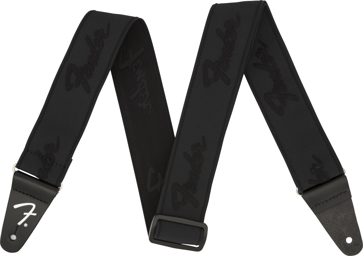 Fender -  WeighLess™ Running Logo Strap, Black/Black, 2"