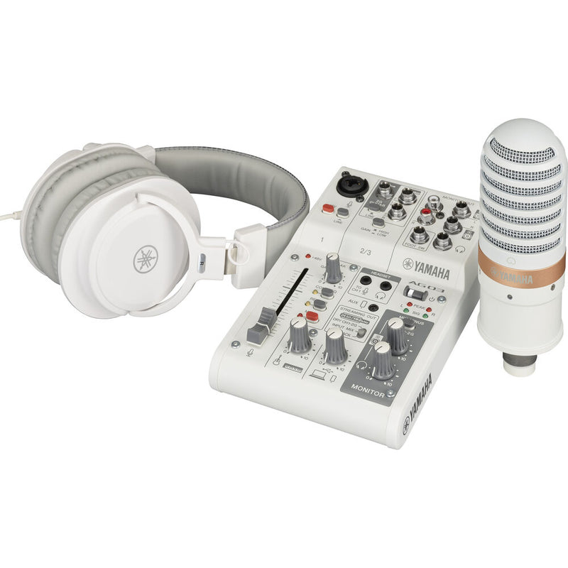 Yamaha AG03MK2 3-Channel Mixer/Interface Live Streaming Pack With Microphone and Headphones (White)
