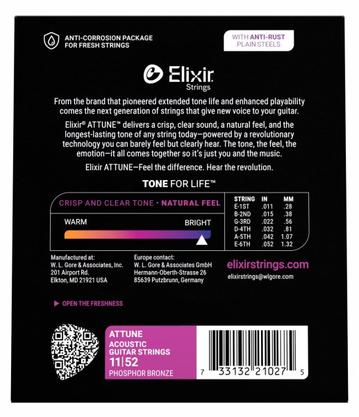 Elixir - Attune Phosphor Bronze Acoustic Guitar Strings Custom Light 11-52