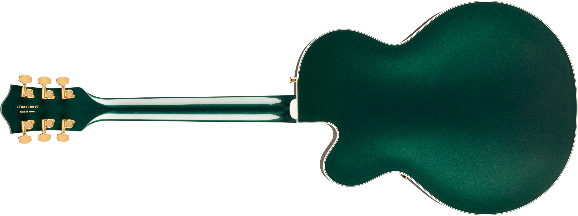 back of the Gretsch Nashville® Hollow Body electric guitar with a Cadillac Green finish, gold hardware, String-Thru Bigsby®, ebony fingerboard.