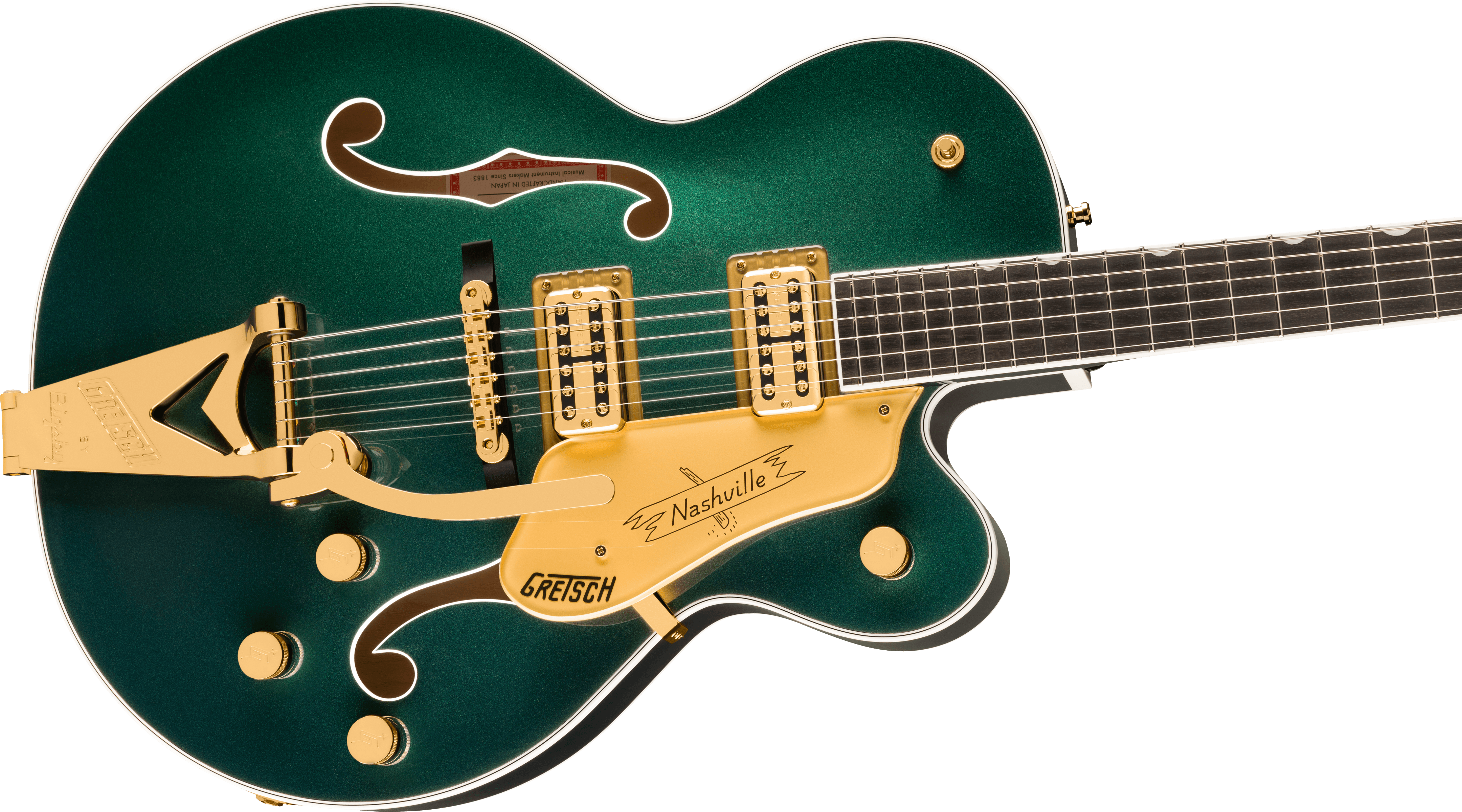Gretsch Nashville® Hollow Body electric guitar in Cadillac Green with gold hardware, featuring String-Thru Bigsby®, ebony fingerboard, dual f-holes, and humbucker pickups.