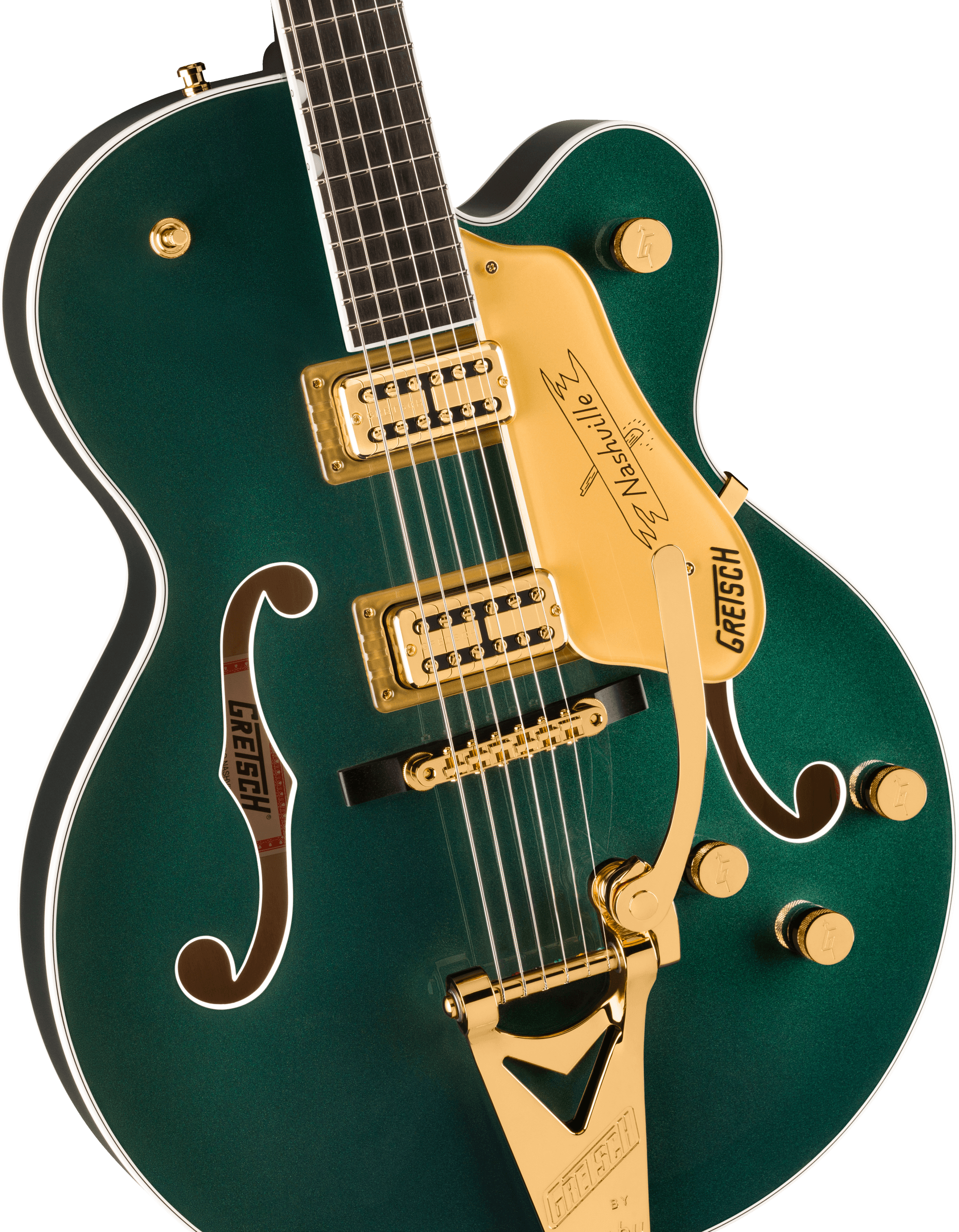 Gretsch Nashville® Hollow Body electric guitar in Cadillac Green with gold hardware, featuring String-Thru Bigsby®, ebony fingerboard, dual f-holes, and humbucker pickups.