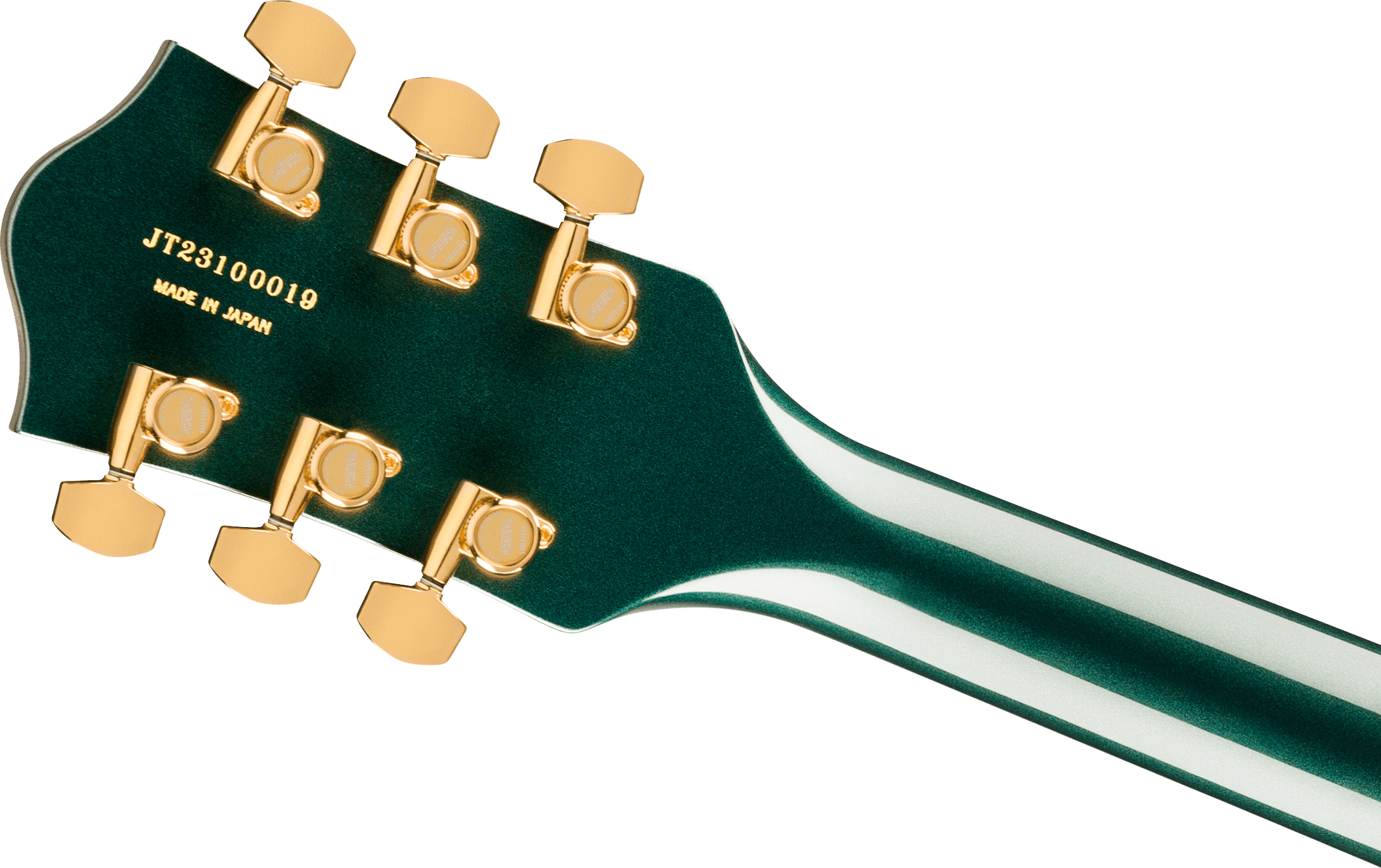 "Back of the neck of a Gretsch electric guitar in green with gold tuning pegs, featuring the serial number JT23100019 and 'Made in Japan' engraving.