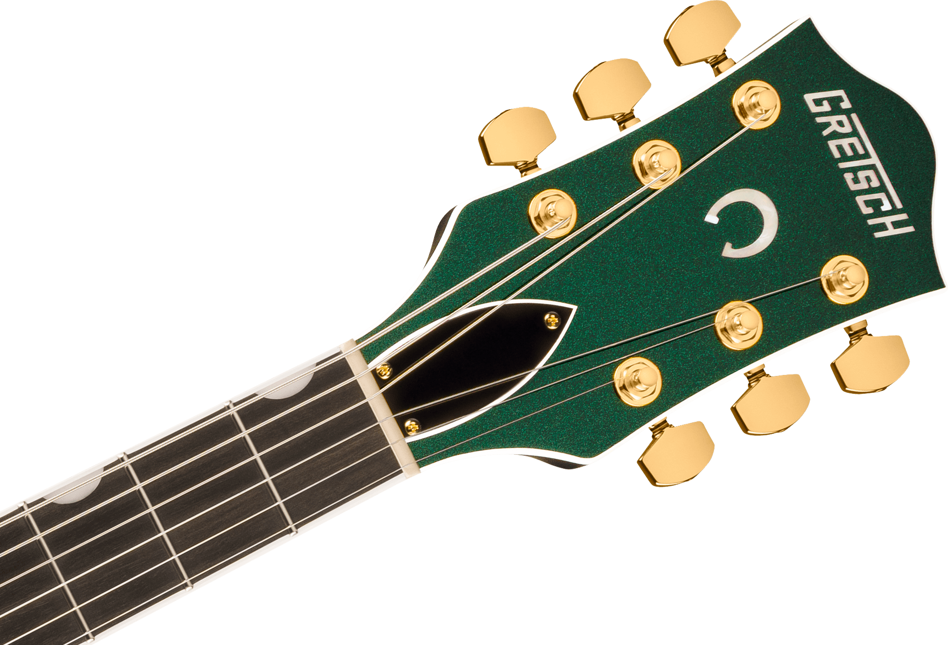 "Headstock of a Gretsch electric guitar in green with gold tuning pegs and hardware, featuring the Gretsch logo, white outline, and distinctive design.