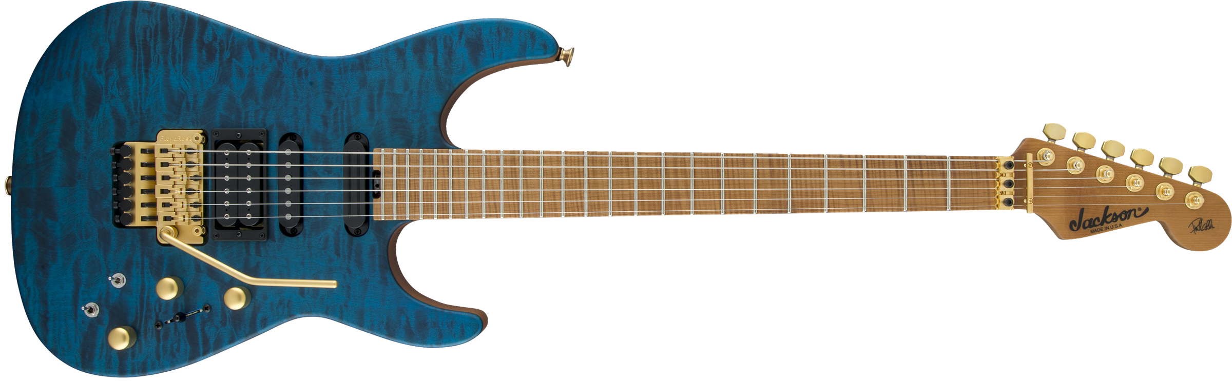 USA Signature Phil Collen PC1™ Satin Stain, Caramelized Flame Maple Fingerboard, Satin Transparent Blue