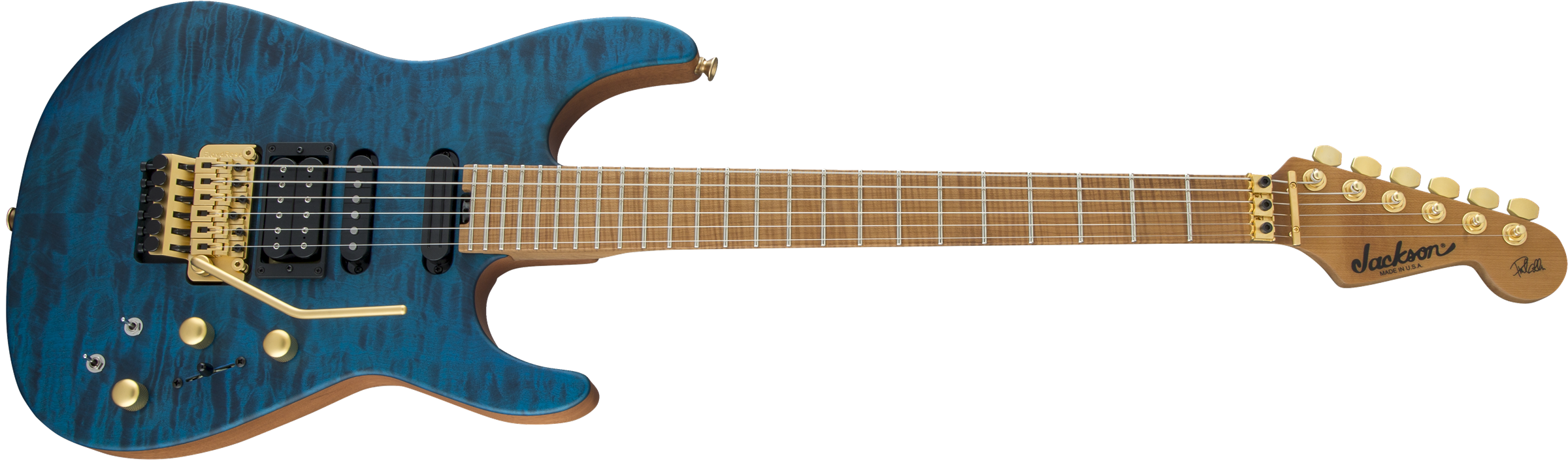 USA Signature Phil Collen PC1™ Satin Stain, Caramelized Flame Maple Fingerboard, Satin Transparent Blue