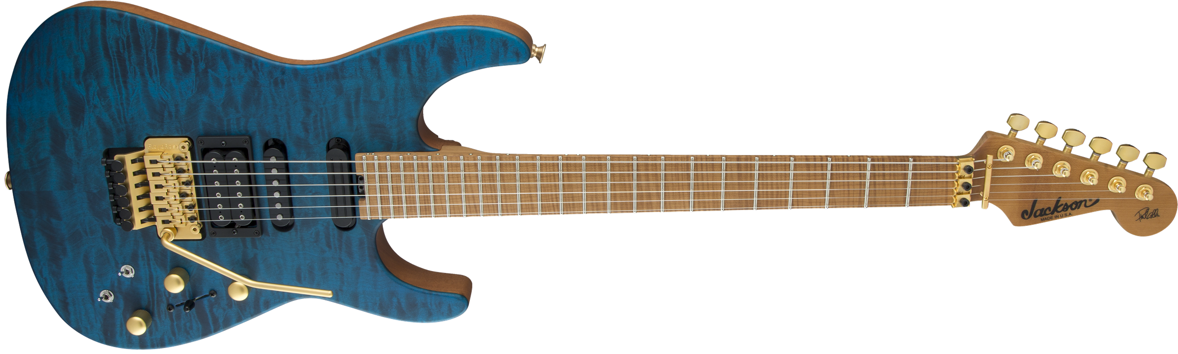 USA Signature Phil Collen PC1™ Satin Stain, Caramelized Flame Maple Fingerboard, Satin Transparent Blue