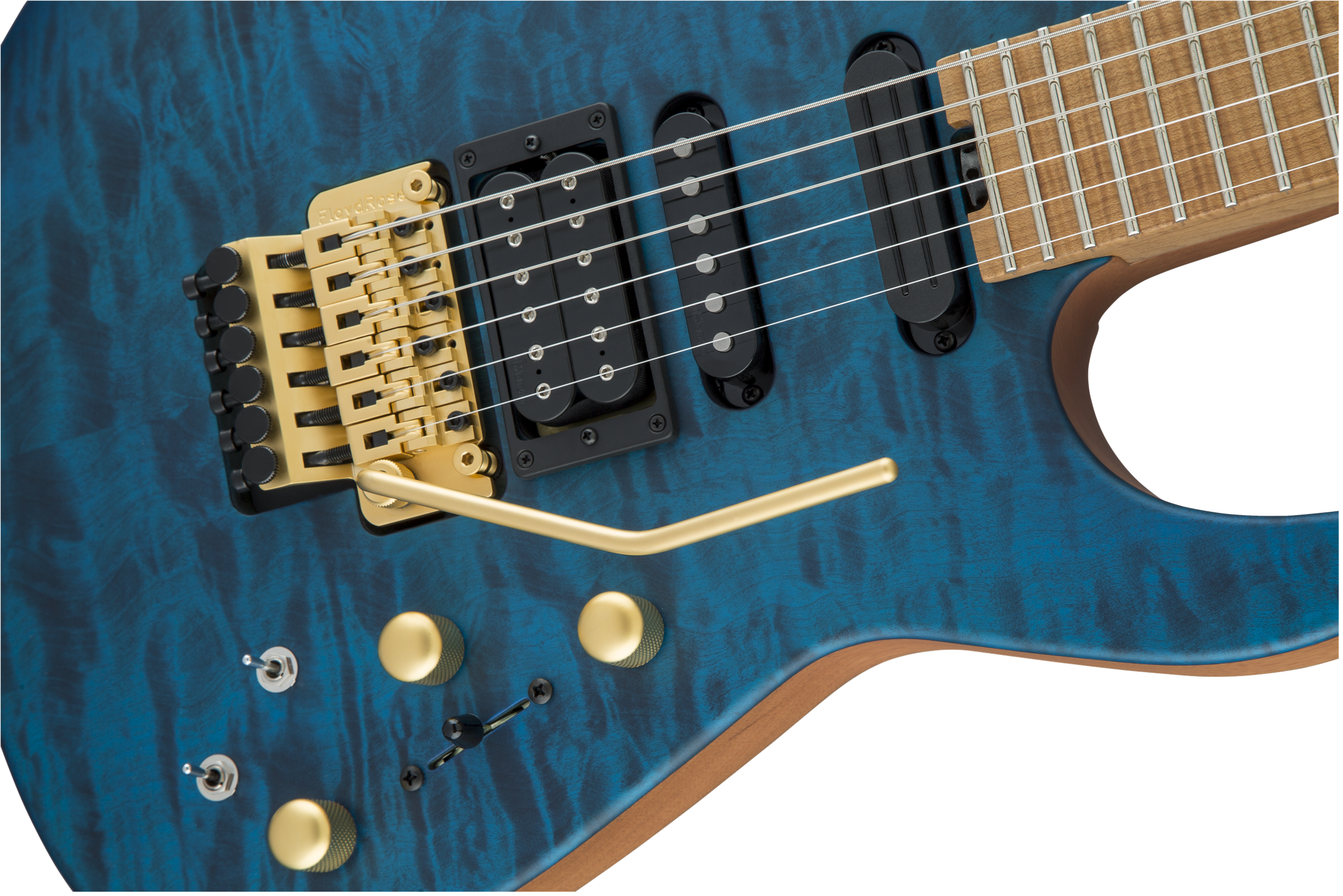 USA Signature Phil Collen PC1™ Satin Stain, Caramelized Flame Maple Fingerboard, Satin Transparent Blue