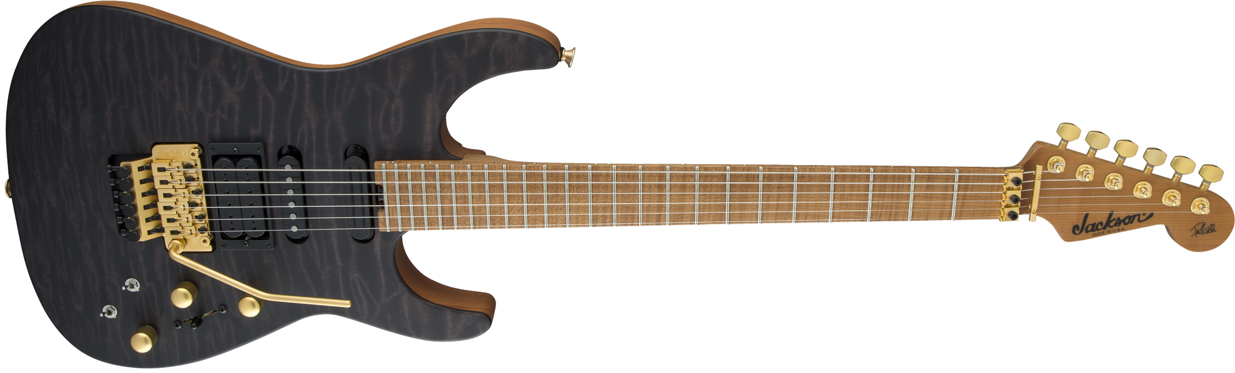 USA Signature Phil Collen PC1™ Satin Stain, Caramelized Flame Maple Fingerboard, Satin Transparent Black