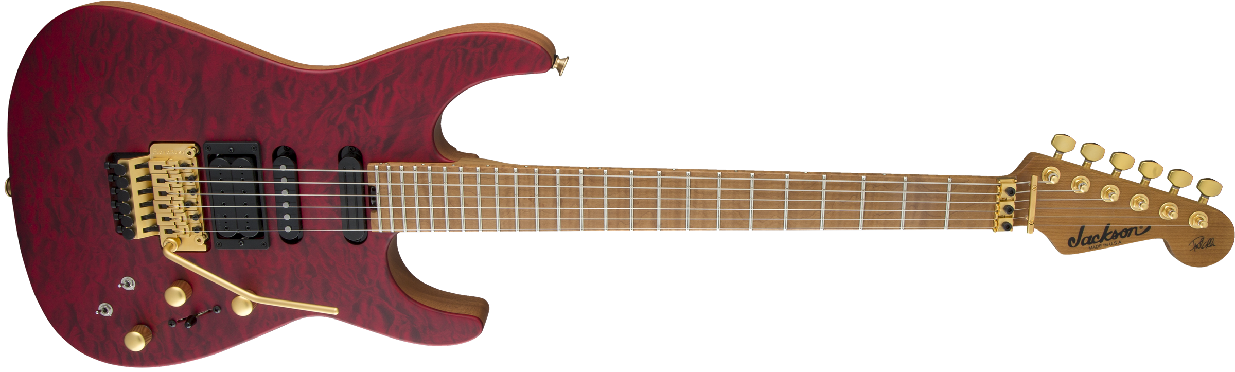 USA Signature Phil Collen PC1™ Satin Stain, Caramelized Flame Maple Fingerboard, Satin Transparent Red