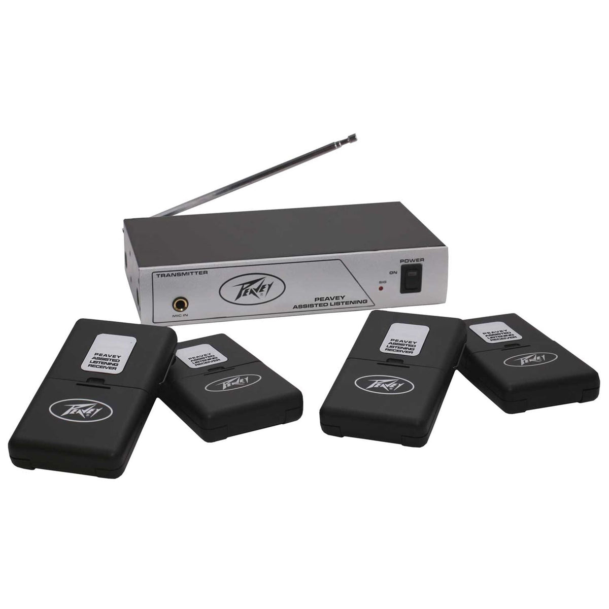 Peavey Assisted Listening System transmitter and four receivers; shared hardware illustration, supplied frequency 72.1 MHz