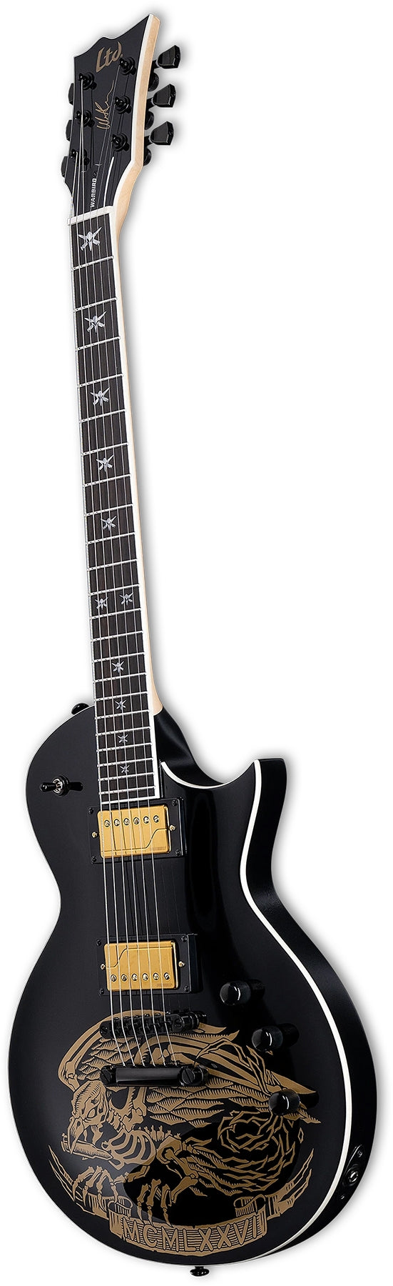 ESP Guitars LWAWARBIRDBLKG LTD WA-Warbird Will Adler Signature 6 String RH Electric Guitar with Case - Black with Gold Warbird Graphic