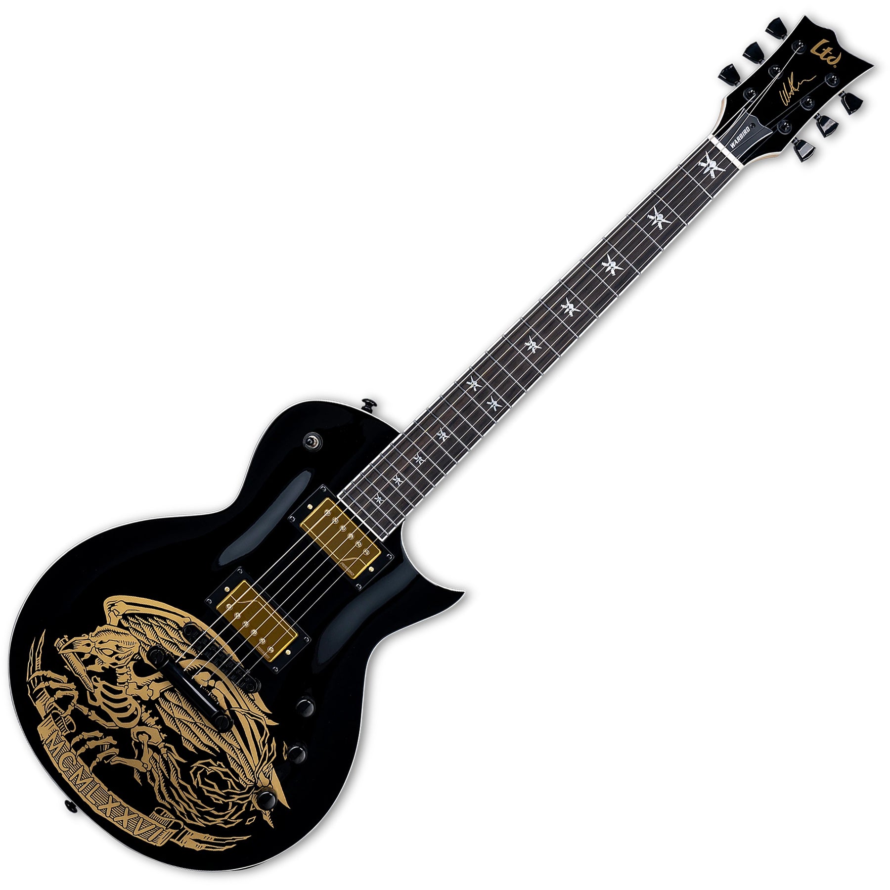 ESP Guitars LWAWARBIRDBLKG LTD WA-Warbird Will Adler Signature 6 String RH Electric Guitar with Case - Black with Gold Warbird Graphic