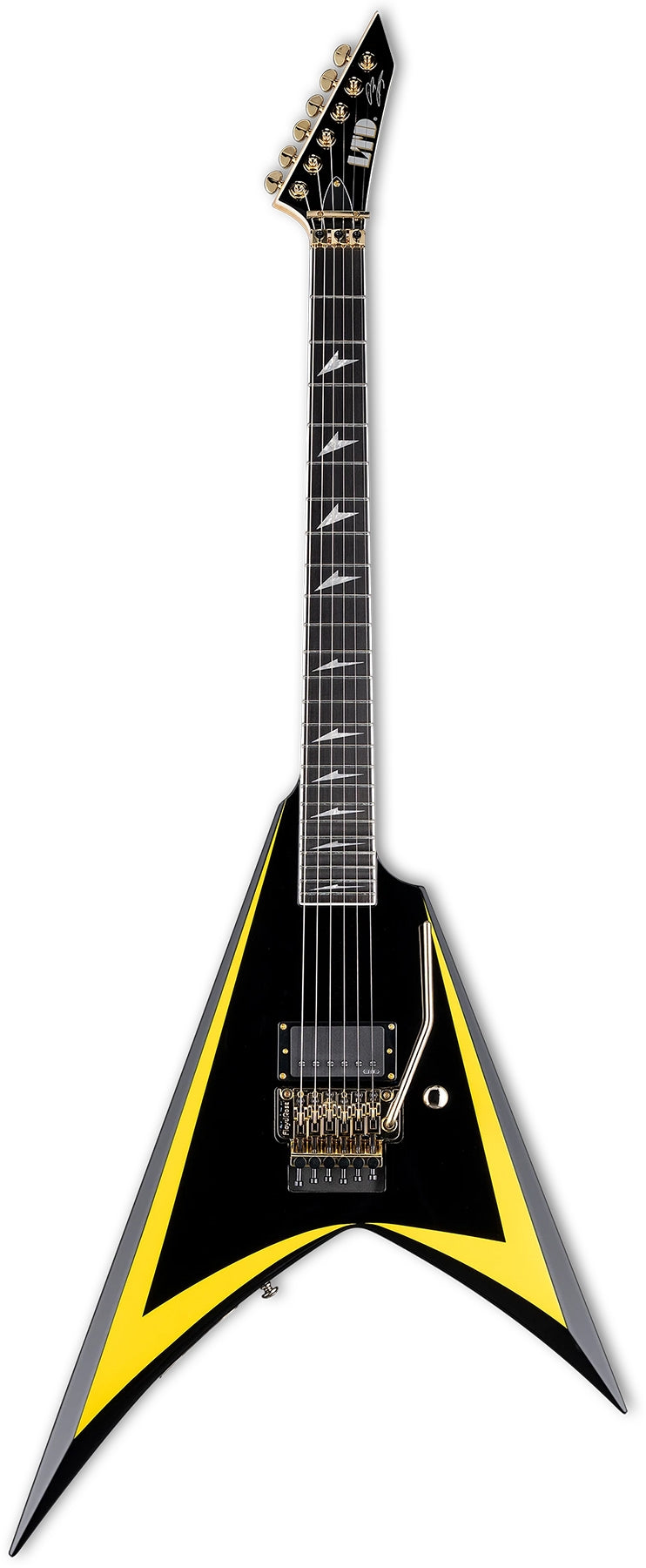 ESP Guitars LALEXIARROWHEADSE Alexi Laiho Signature 6 String RH Electric Guitar with Case - Black with Yellow Pinstripe