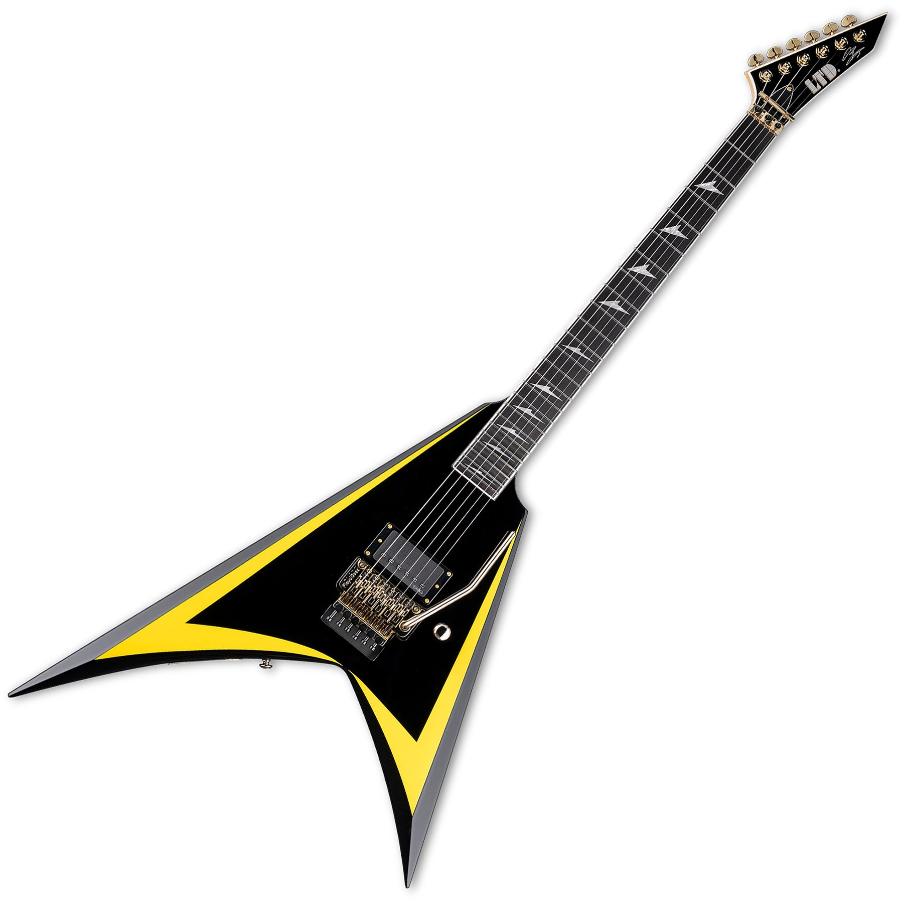 ESP Guitars LALEXIARROWHEADSE Alexi Laiho Signature 6 String RH Electric Guitar with Case - Black with Yellow Pinstripe