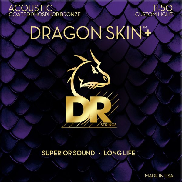 DR - DRAGON SKIN+ Coated Phosphor Bronze Acoustic Guitar Strings, Custom Light (11-50)