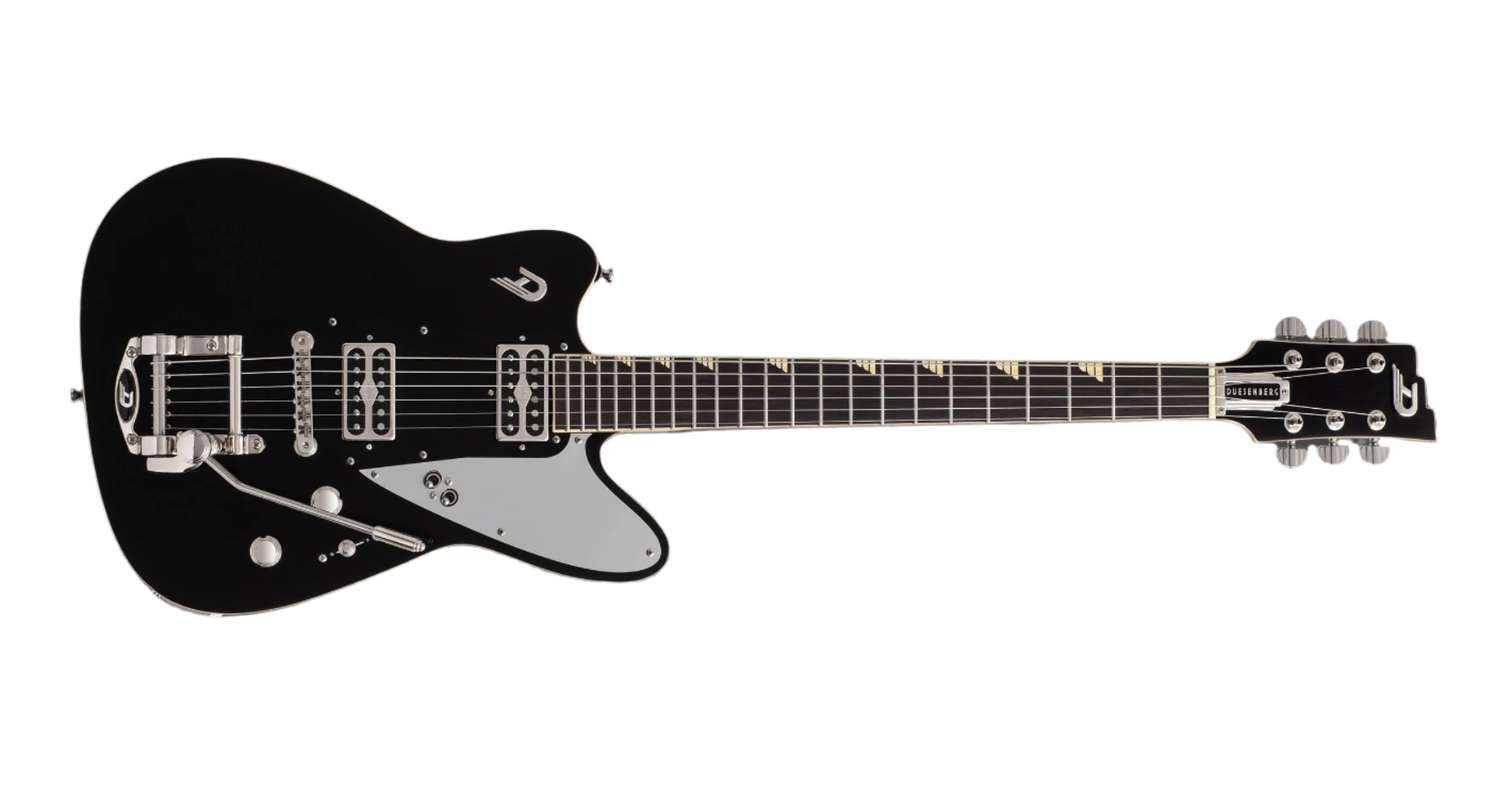 A sleek Duesenberg electric guitar featuring a striking combination of a deep black finish with elegant silver accents.