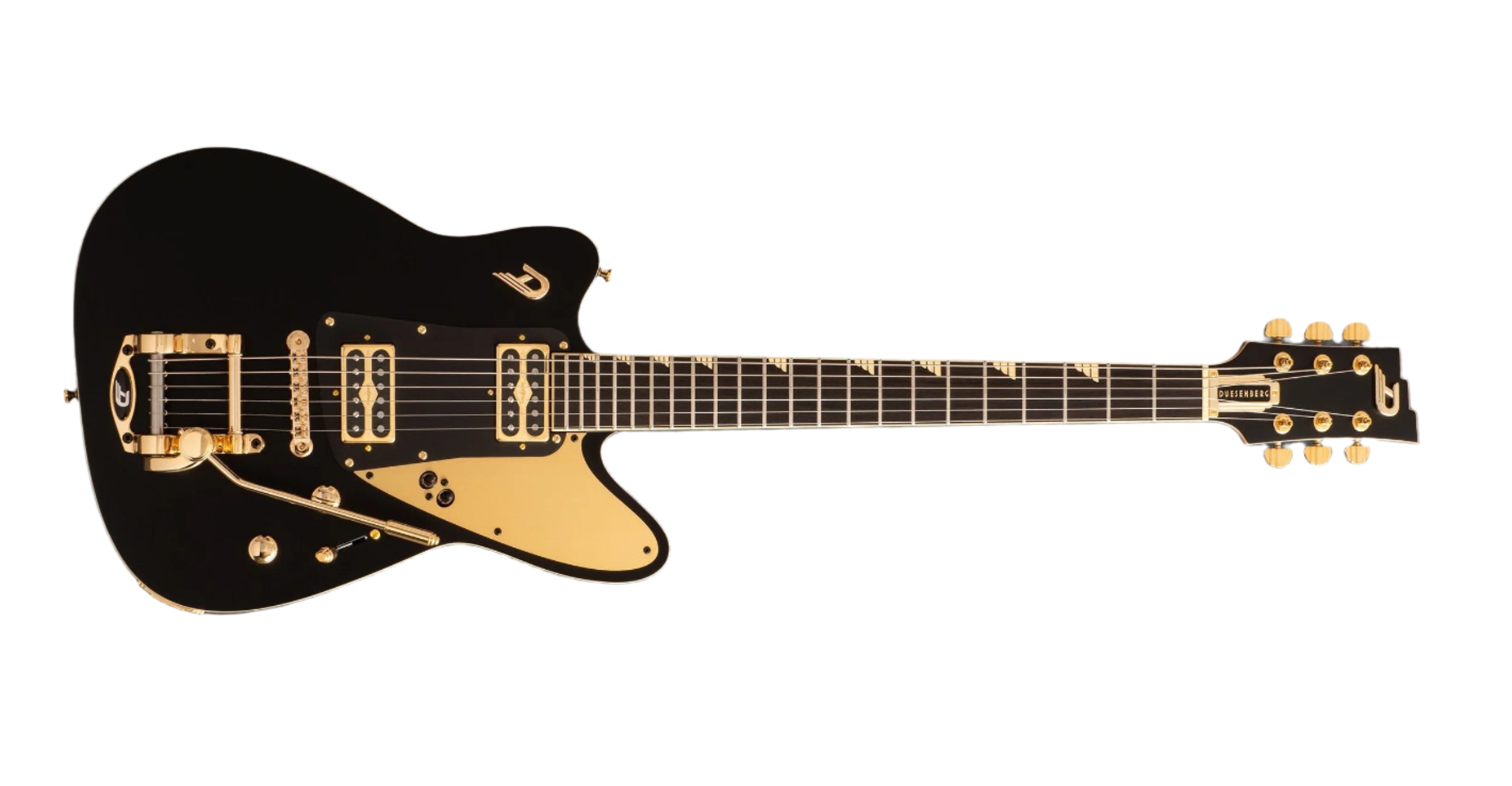 "A striking Duesenberg electric guitar with a bold black matte finish, elegantly accented by luxurious gold details. A perfect blend of modern sophistication and timeless design.