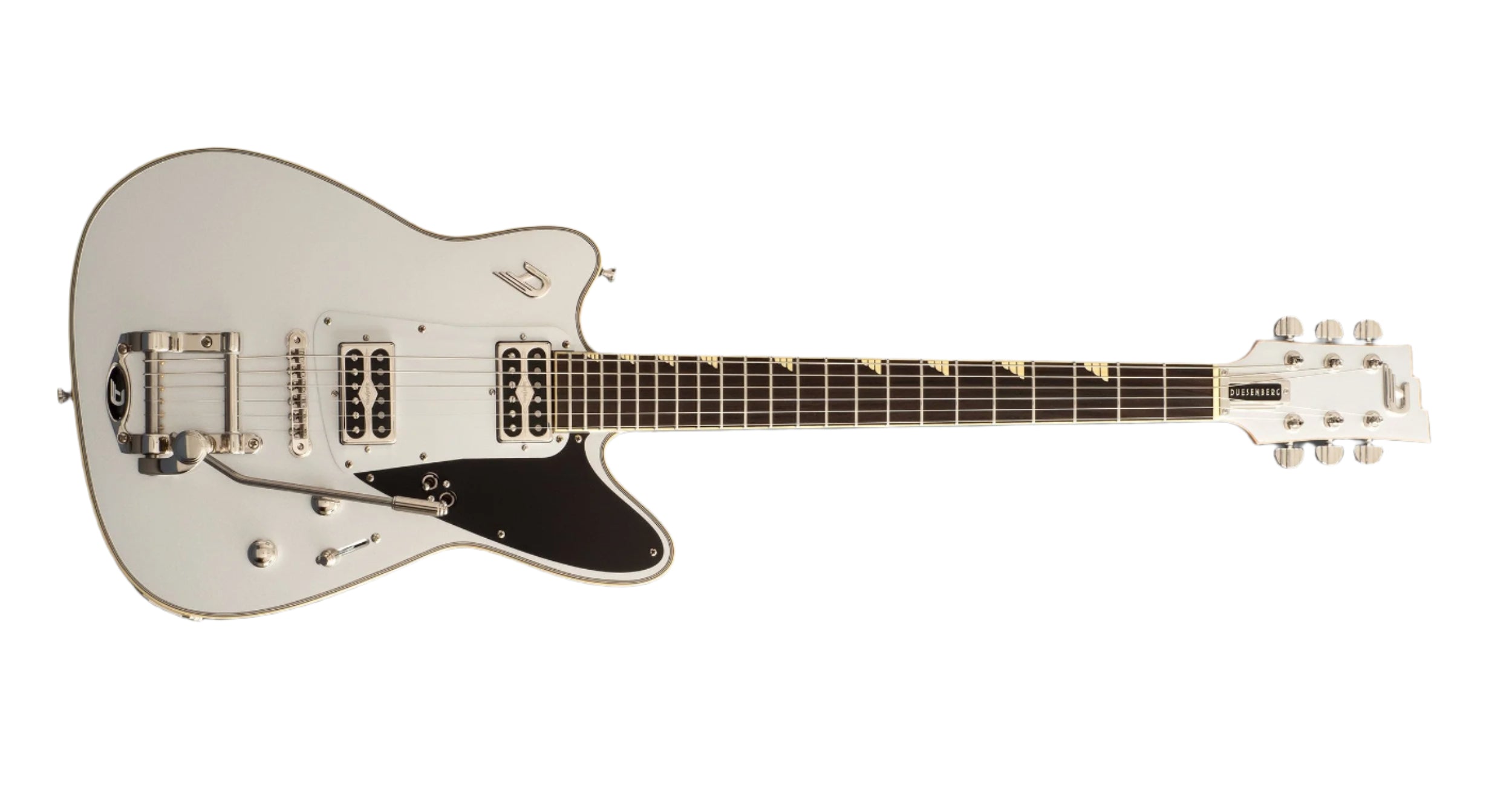 Duesenberg Falken Guitar with Tremolo in a sleek Silver finish. A stylish and high-performance electric guitar, crafted for exceptional sound quality and modern design elegance.