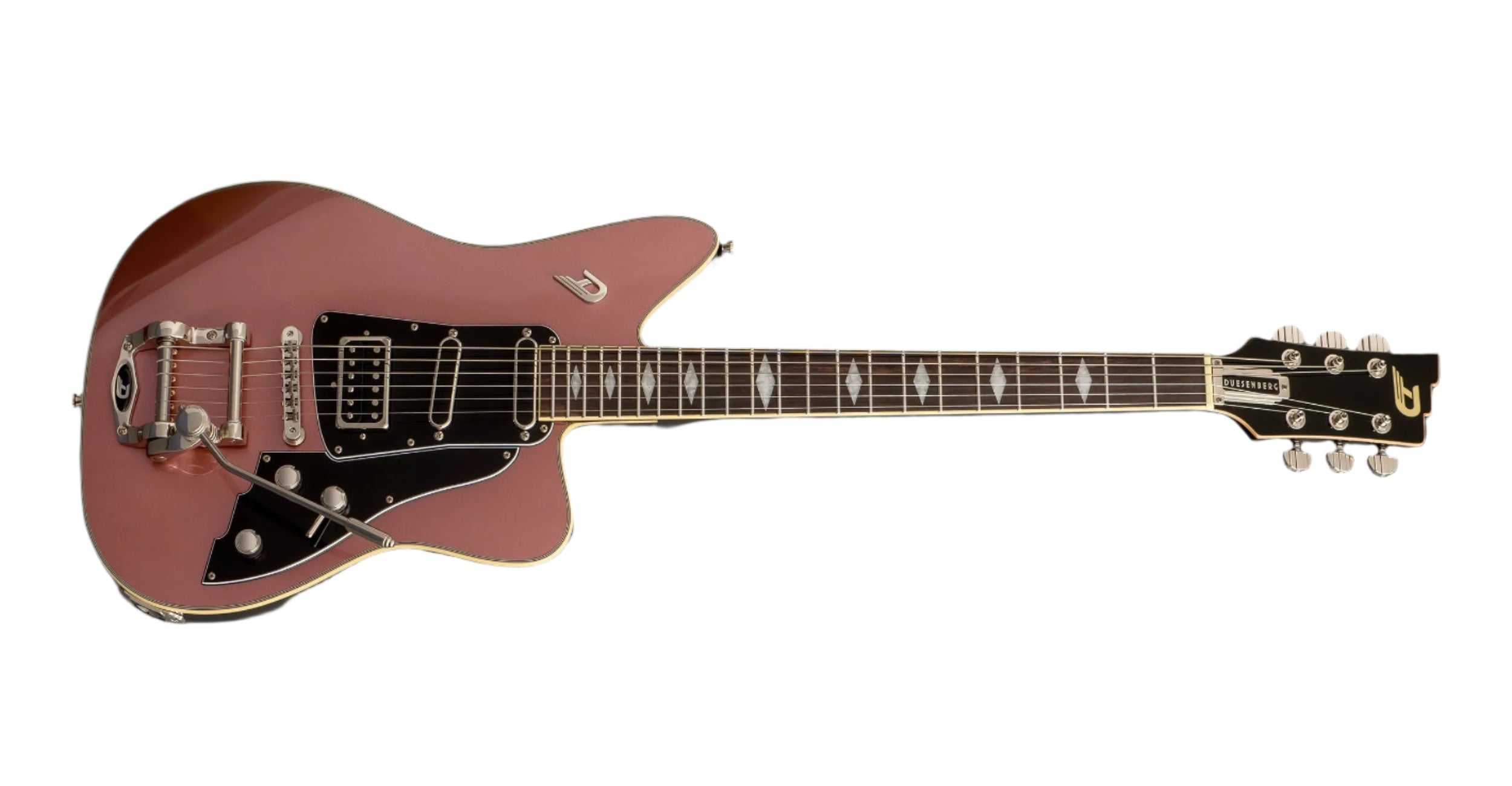 "Paloma Guitar in Catalina Sunset Rose, featuring a stunning gradient finish with warm rose tones and the iconic Duesenberg logo highlighted in the background. A masterpiece of design and craftsmanship.