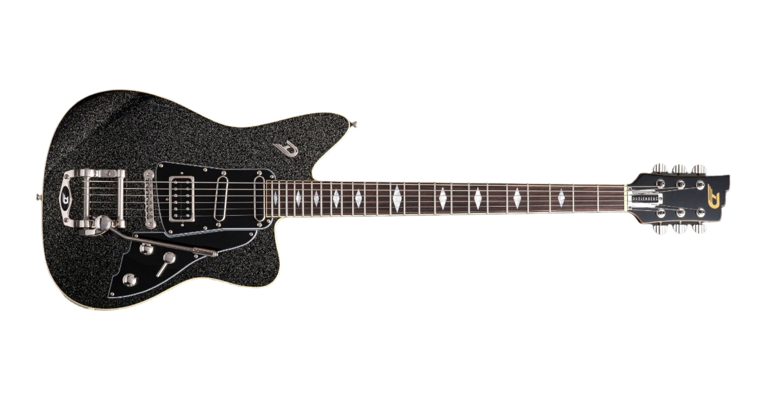 A Duesenberg electric guitar with a sparkling black finish, offering a striking design and exceptional sound quality.