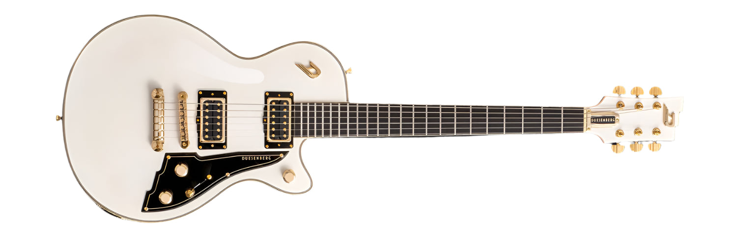 Duesenberg electric guitar with a solid white finish, complemented by polished gold hardware. This single-cutaway design features dual humbucker pickups, a gold bridge with individual saddles for each string, a tailpiece, and a black pickguard with gold accents. The headstock includes six gold tuning pegs and the Duesenberg logo, showcasing elegant style and premium craftsmanship.