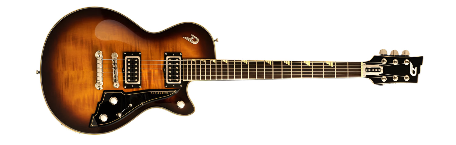 A Duesenberg electric guitar in a rich Tobacco Burst finish, featuring a glossy gradient of warm brown and amber tones. The instrument is beautifully displayed, showcasing its sleek design, dual humbucker pickups, fixed bridge, and the iconic Duesenberg logo that highlights its premium craftsmanship